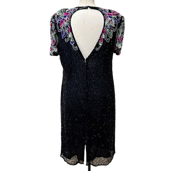 Vintage Black Sequin Beaded Cocktail Dress Floral Short Sleeve 80s/90s Glam Lg - Picture 7 of 11